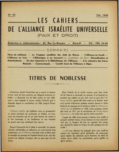Les Cahiers de l'Alliance Israélite Universelle (Paix et Droit).  N°33 (01 mai 1949)